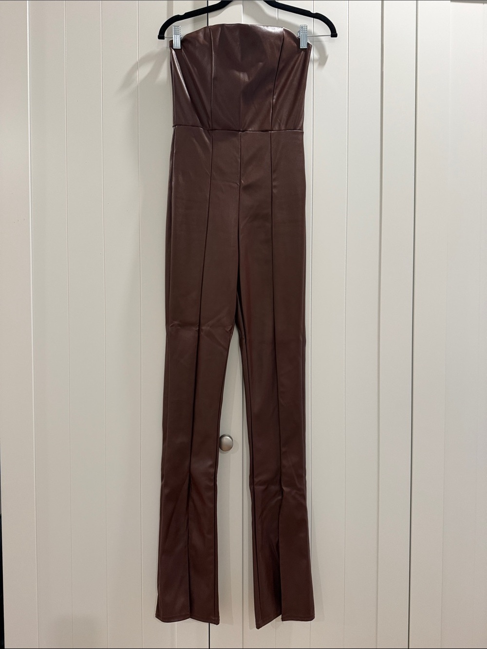 Strapless Faux Leather Flare Jumpsuit in Brown